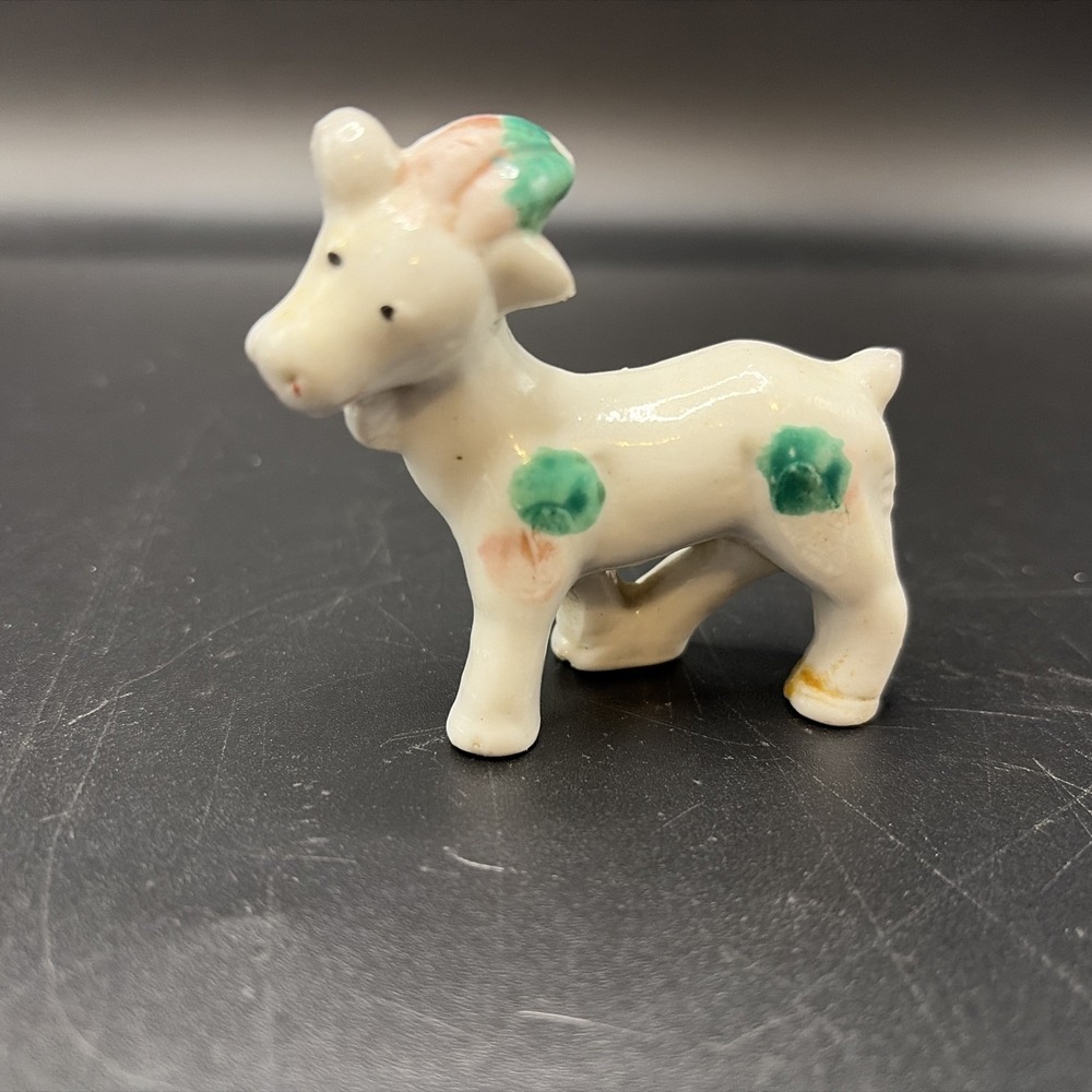 Vintage Goat Figurine mini 2.5"Ceramic - White, Green, Pink Glazed Japan